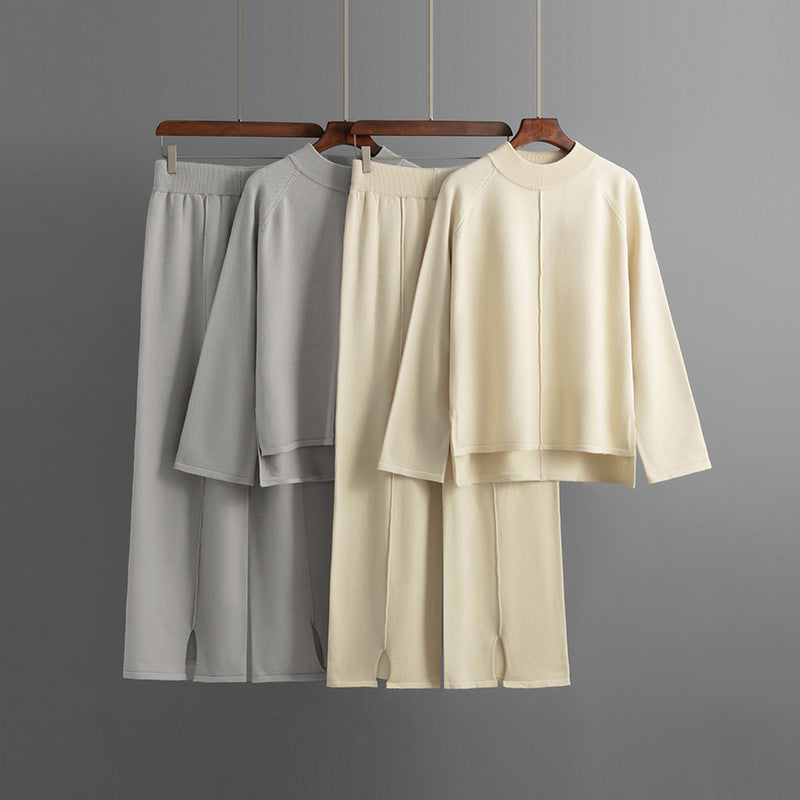 Women autumn and winter loose solid sweater and slit wide-leg pants two-piece set 15