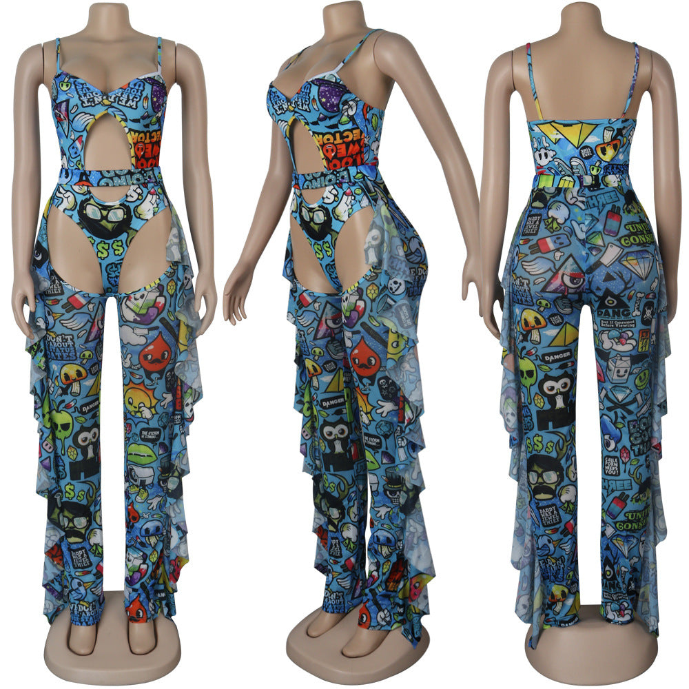 Sexy Women's Solid Color Printed One Piece Swimsuit Mesh Pants Two-Piece Set 15