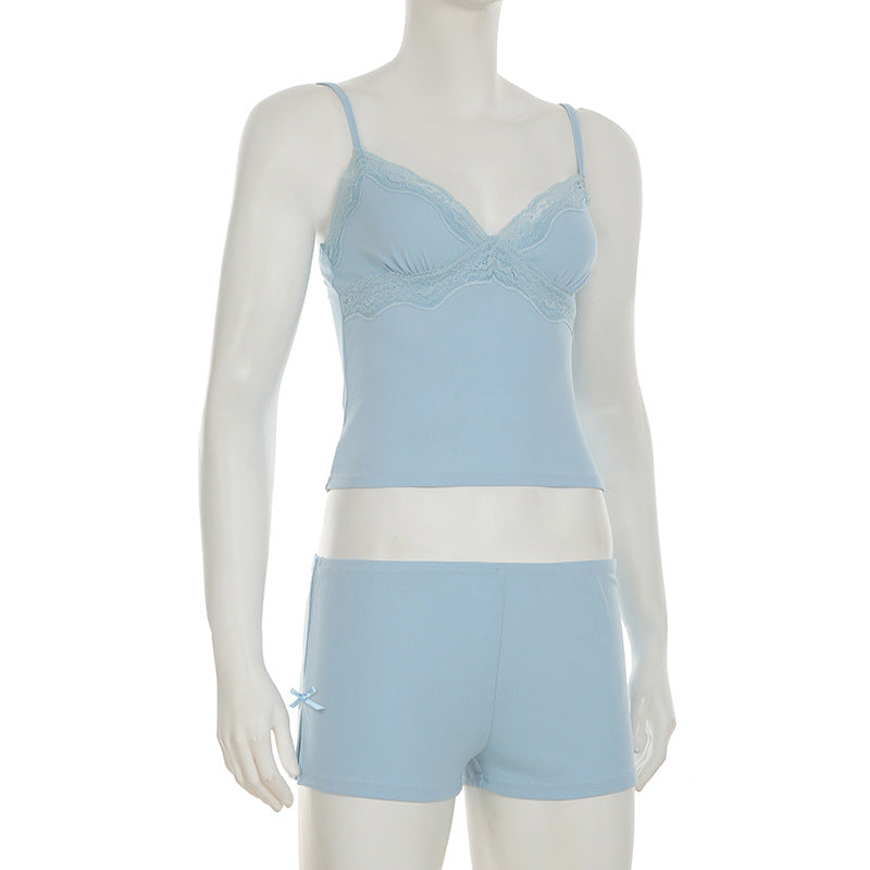 Women Sexy Casual Homewear V-neck Lace Suspender Top Slit Shorts Two-piece Set 8