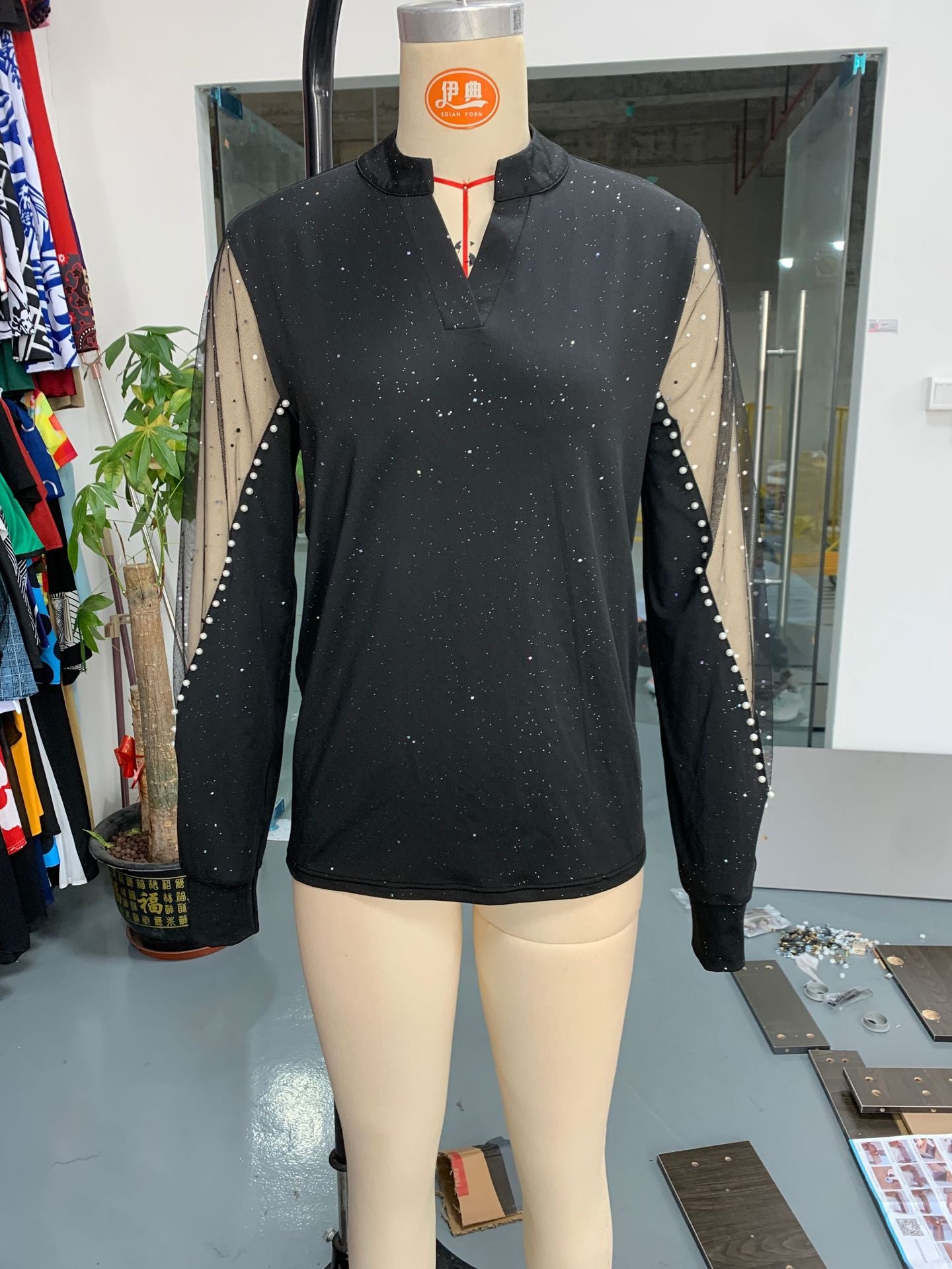 Women spring and autumn sexy v-neck mesh Patchwork See-Through long sleeve T-shirt 5