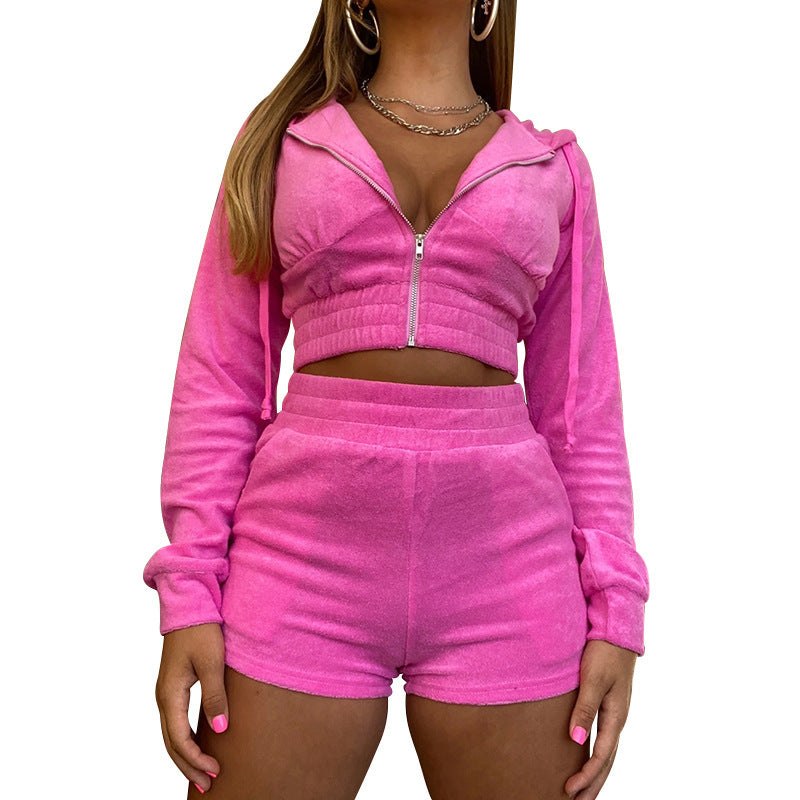 Women's Autumn Solid Velvet Hooded Long Sleeve Tight Fitting Two Piece Tracksuit 20