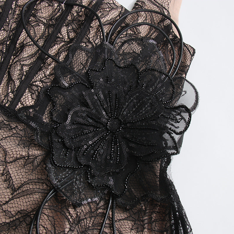 Women French Retro Summer Suspender Maxi Fishbone Lace Dress 13