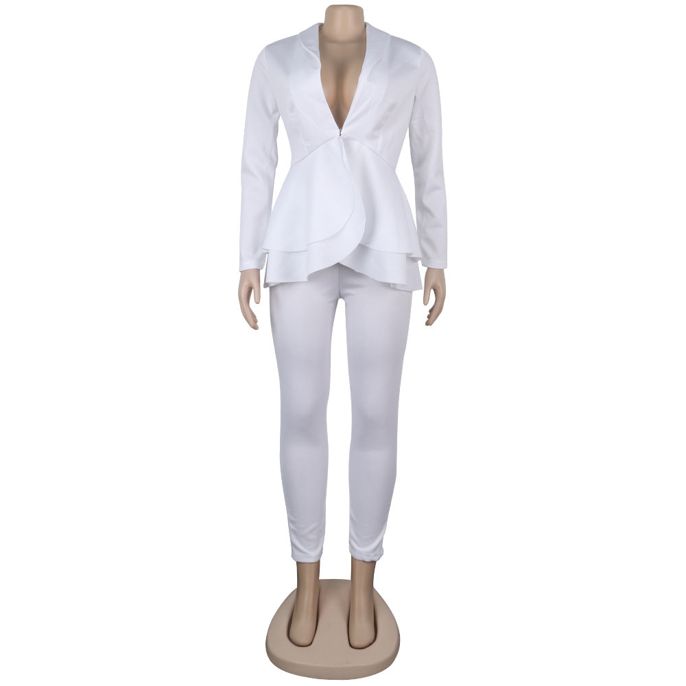 Sexy Women's Solid Color V-Neck Two-Piece Pants Set 19