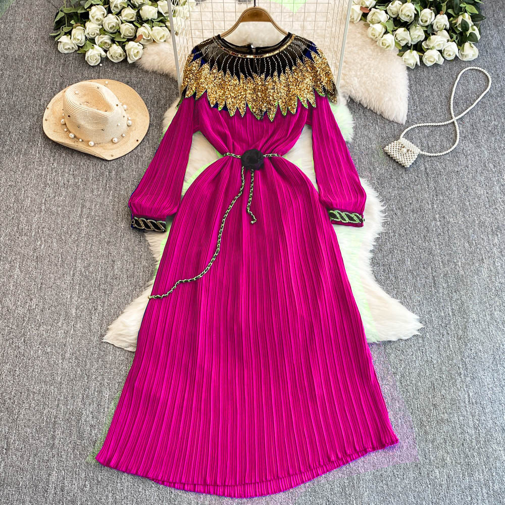 Luxury Sequin Cape Patch Slim Waist Pleated Loose Long Dress 20