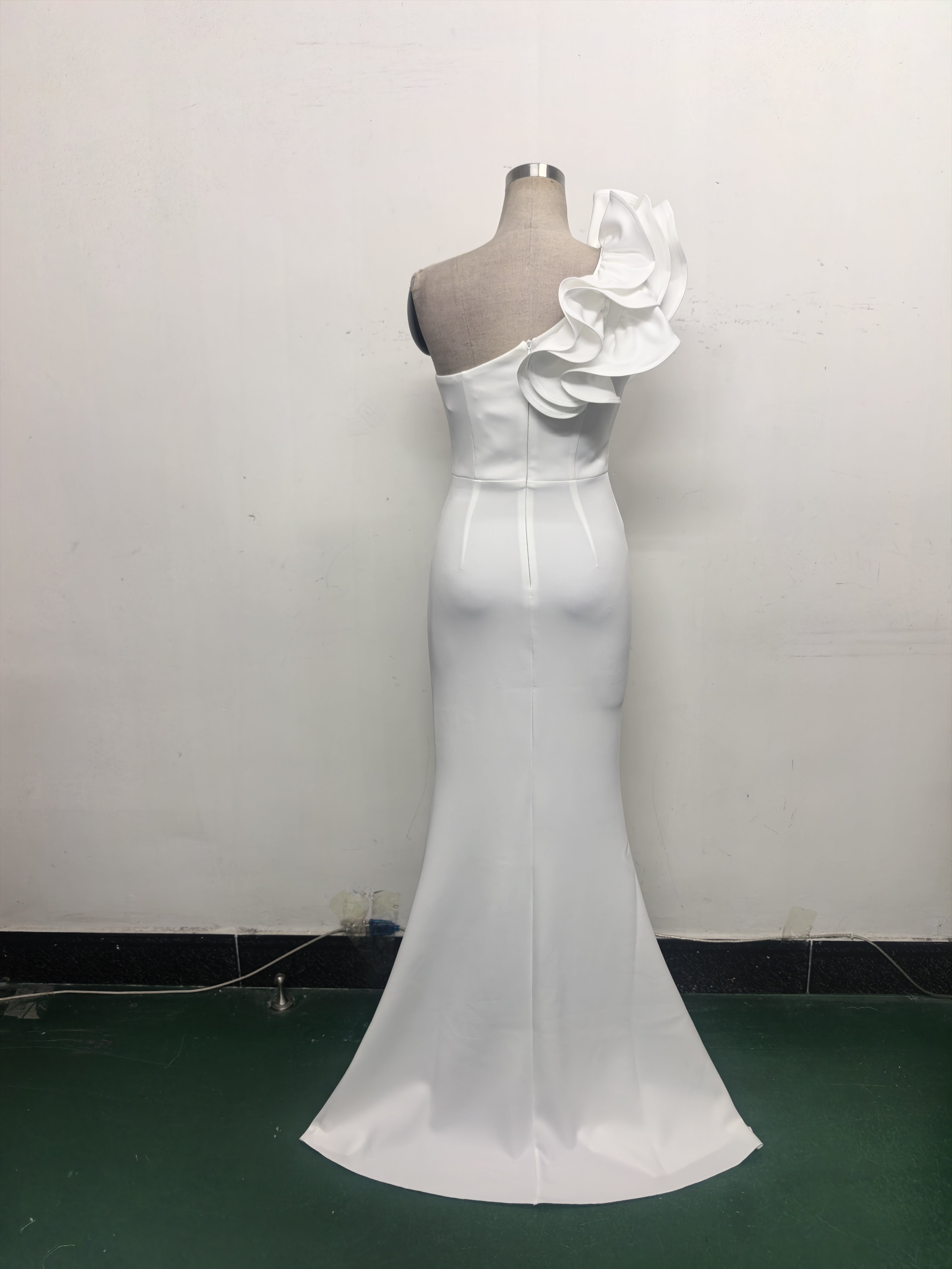 Women One-Shoulder Beaded Wool and Floral Satin Slit Sexy Evening Dress 30