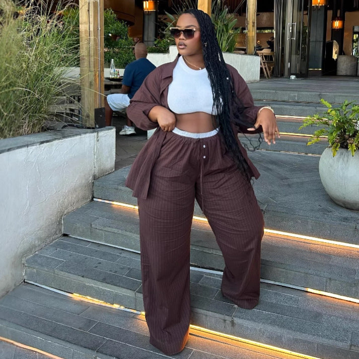 Plus Size High Waist Striped Shirt Trousers African Trendy Two Piece Set 5