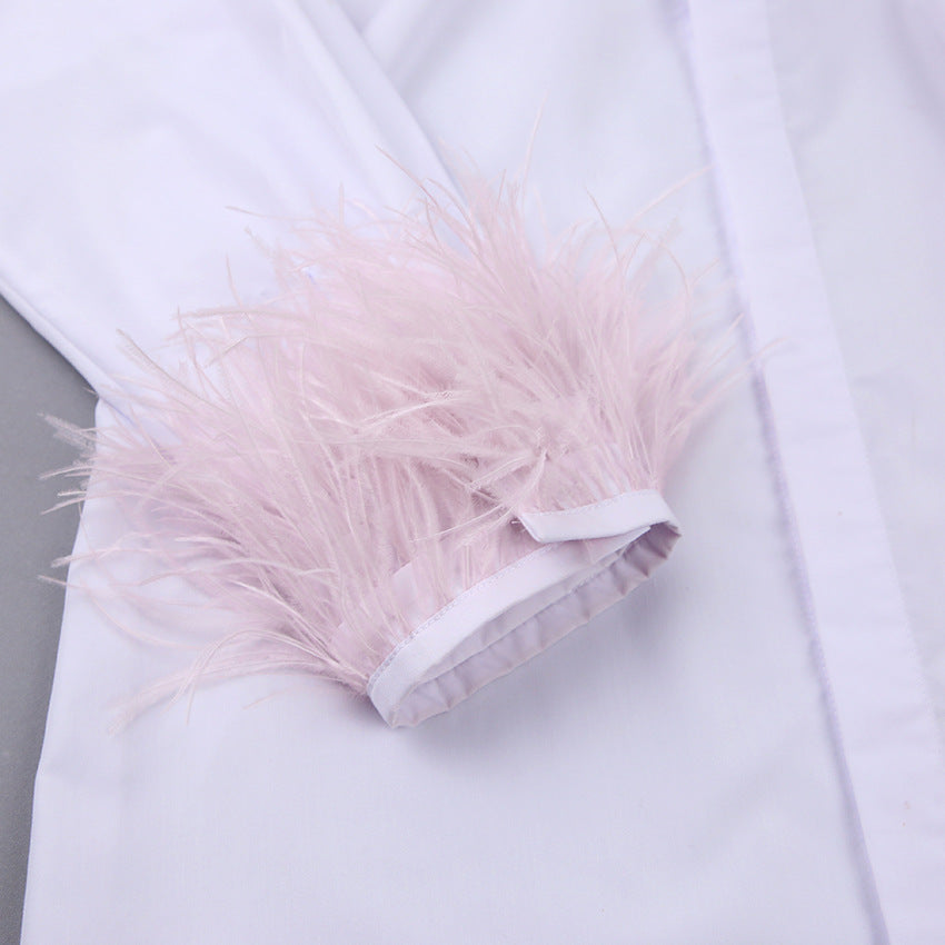 Autumn Fashion Slim Fur Trim Long Sleeve Women'S White Shirt Top 14