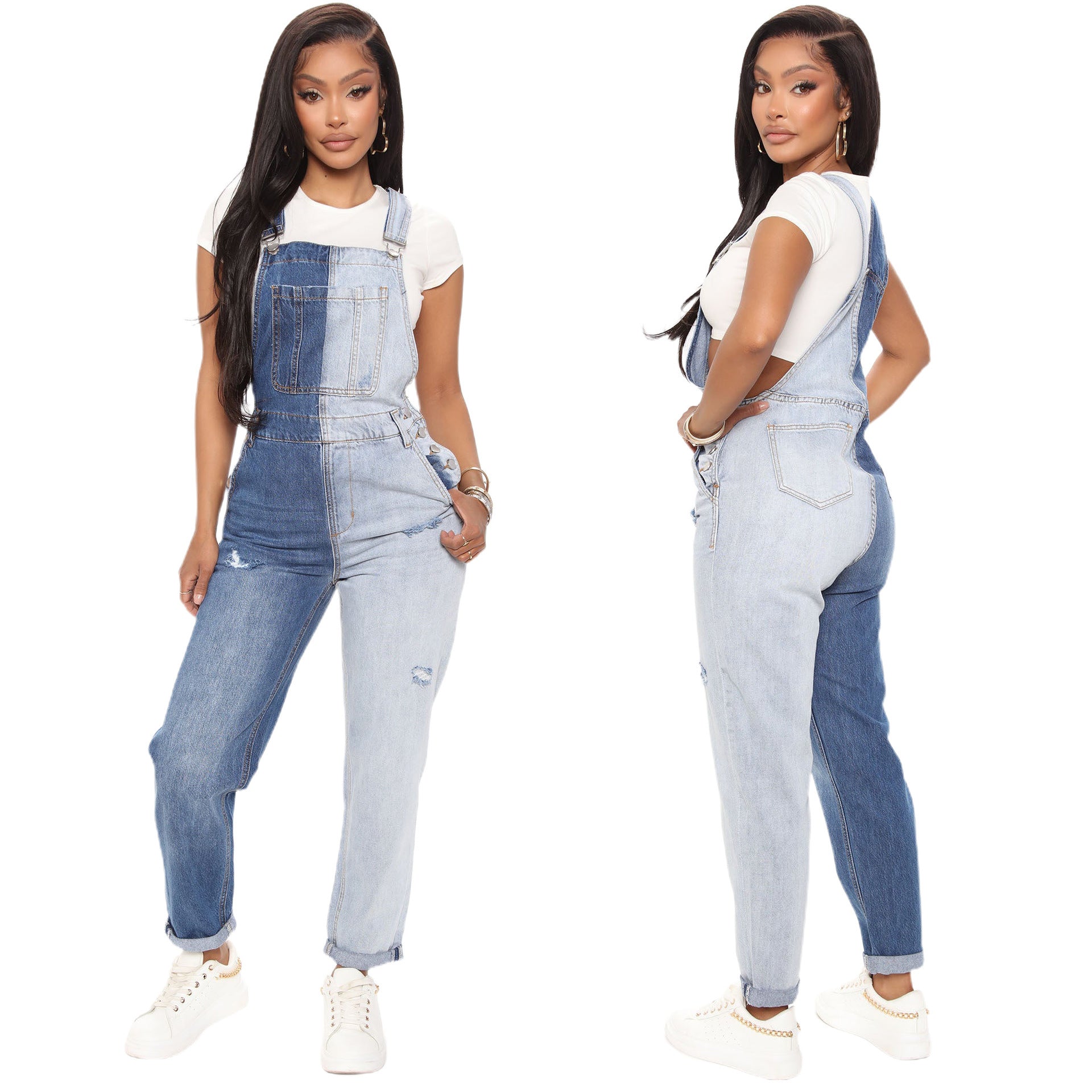Women Women Elastic Color Block Ripped Overalls 4