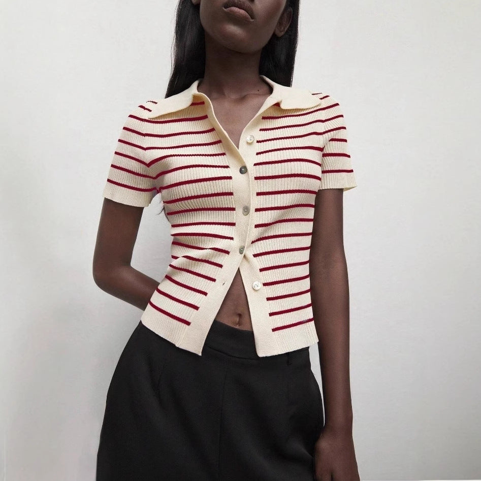 Autumn Winter Turndown Collar Slim Fit Striped Short Sleeve Women Knit Cardigan 4