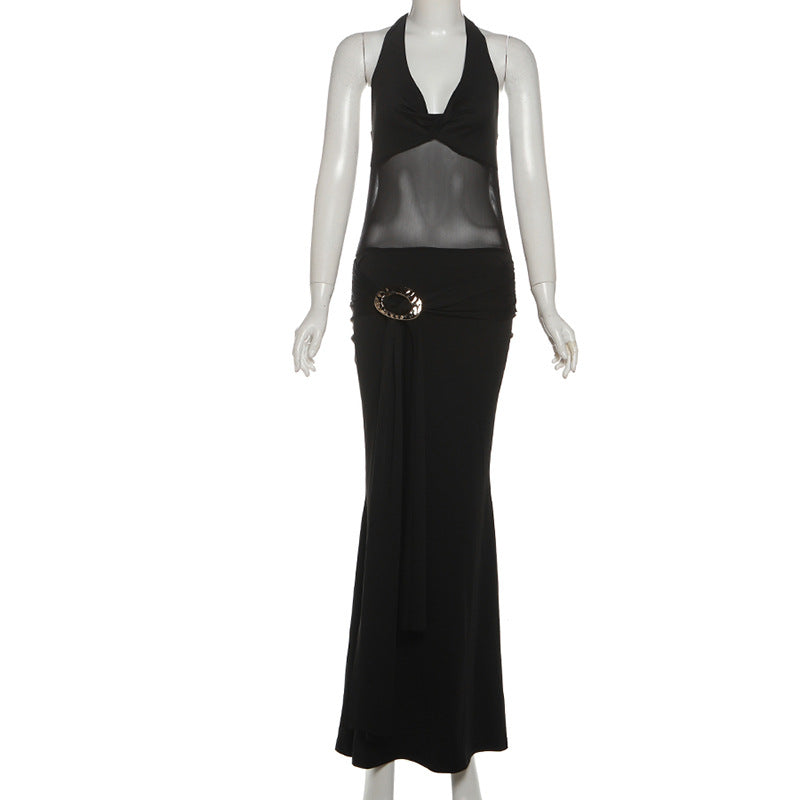 Autumn Women's Sexy Mesh Patchwork See-Through Slim Fit Halter Neck Lace-Up Dress 7