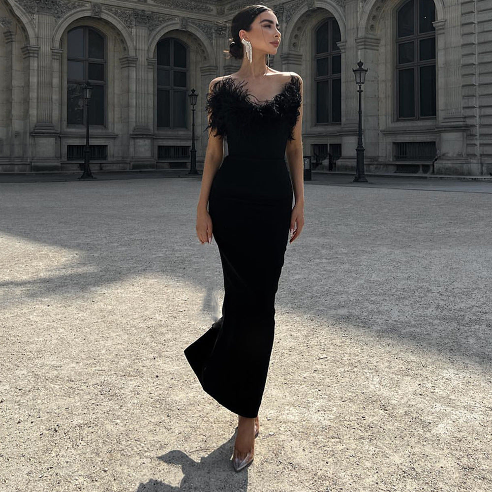 Strapless Bandage Dress Feather Stylish and Elegant Tight Fitting Bodycon Sleeveless Formal Party Dress