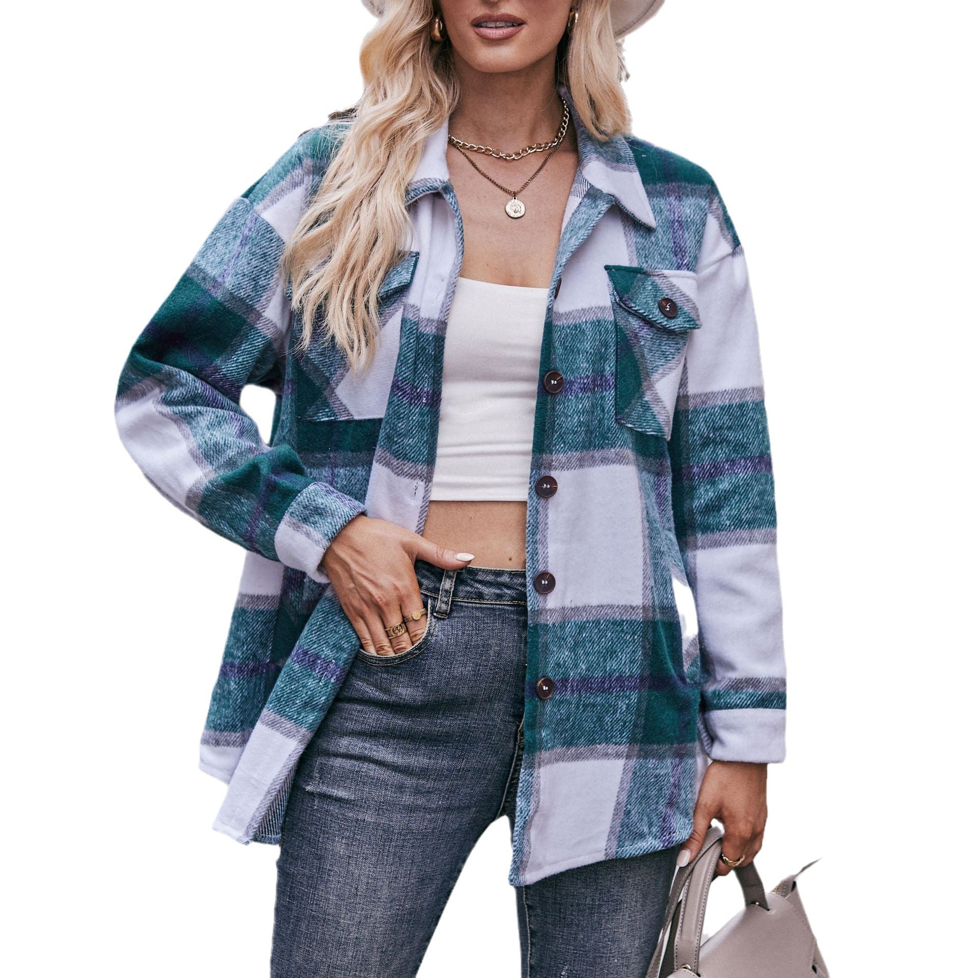 Women Casual Plaid Loose Pocket Shirt Jacket 11