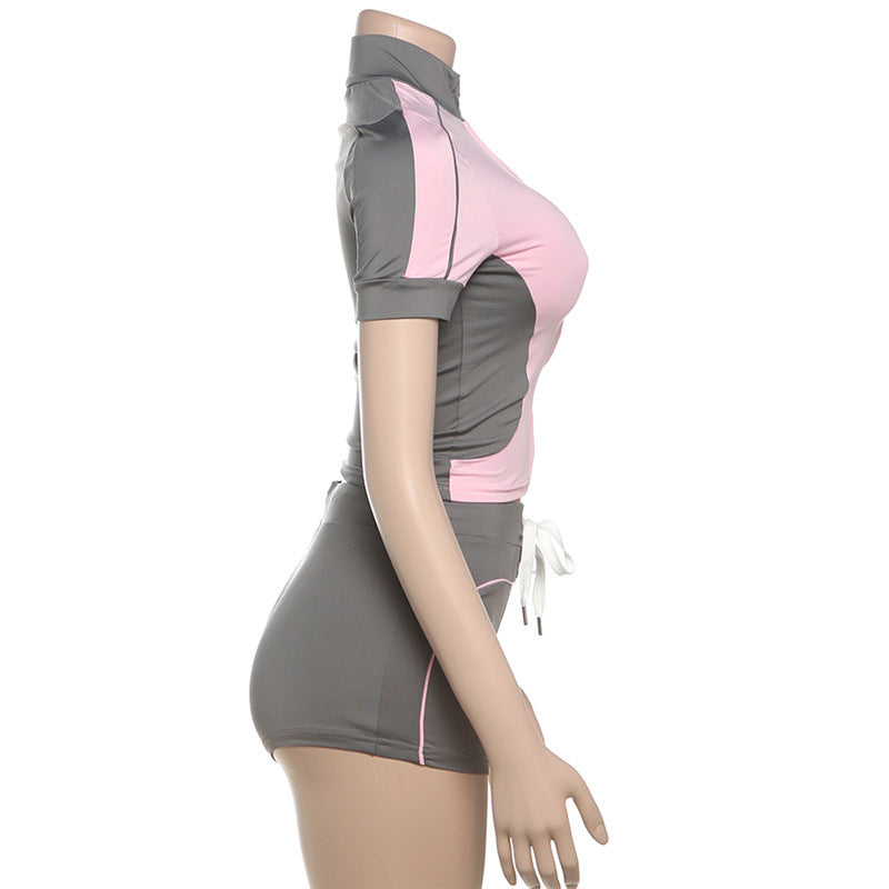 Fashionable Stand Collar Slim Fit Fitness Top & Shorts for Casual Sports Set 18