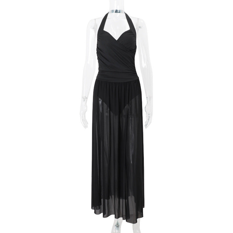 Women Spring Summer Sexy Mesh Patchwork Sleeveless Halter Neck Dress 9