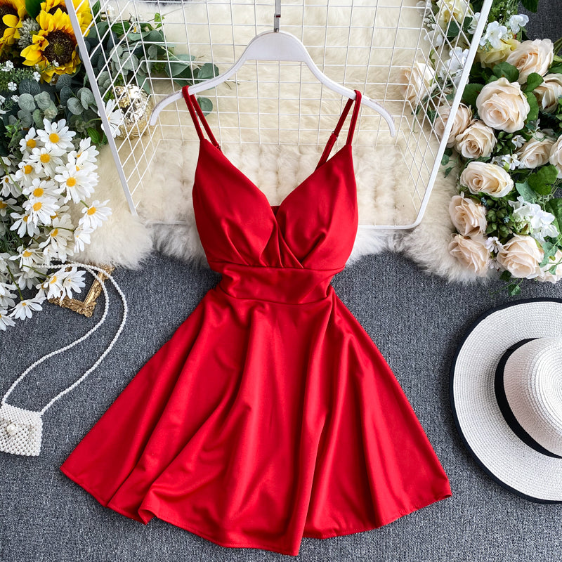 Spring Feminine V-Neck Low Back Slim Waist High Waist Slim Fit Solid Color Straps Basic A-Line Dress 5