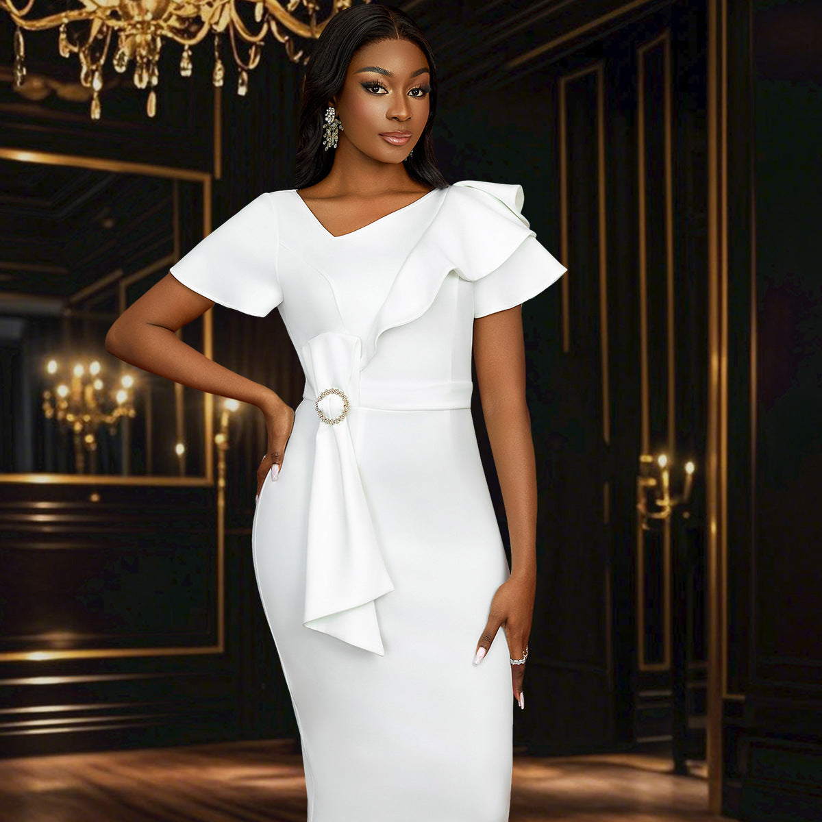 Women Elegant Slash Shoulder Ruffle Bodycon Bow Dresses 5