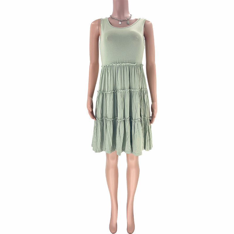 Summer Solid Round Neck Sleeveless Casual Women's Fashion Pleated Casual Dress 37