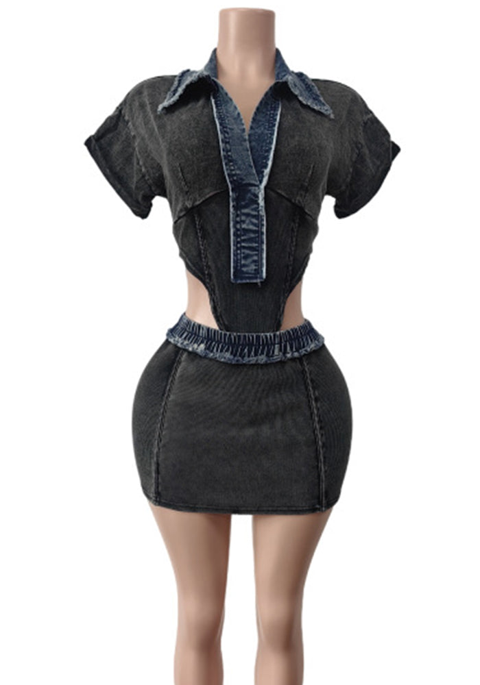 Spring Denim Short-Sleeved Bodysuit High-Stretch Skirt two piece set