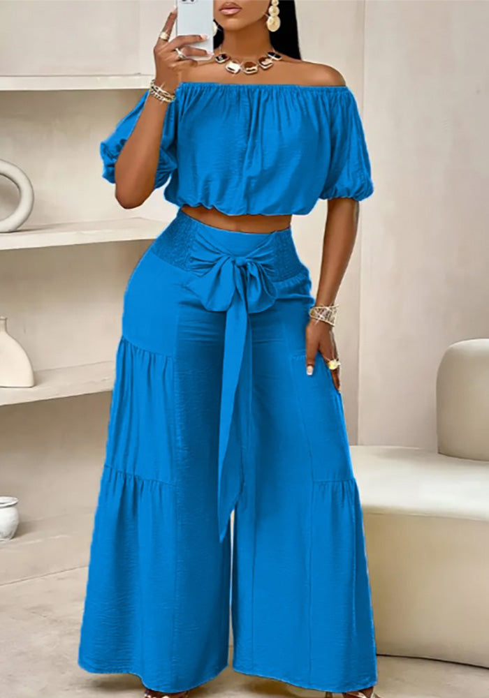 Women's Casual High-Waist Solid Color Flared Lace-Up Wide-Leg Pants Set