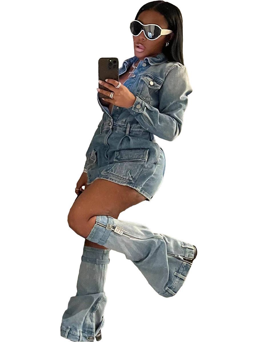 Feminine Multi-Pocket Washed Denim Dress (Including Cuffs) 6