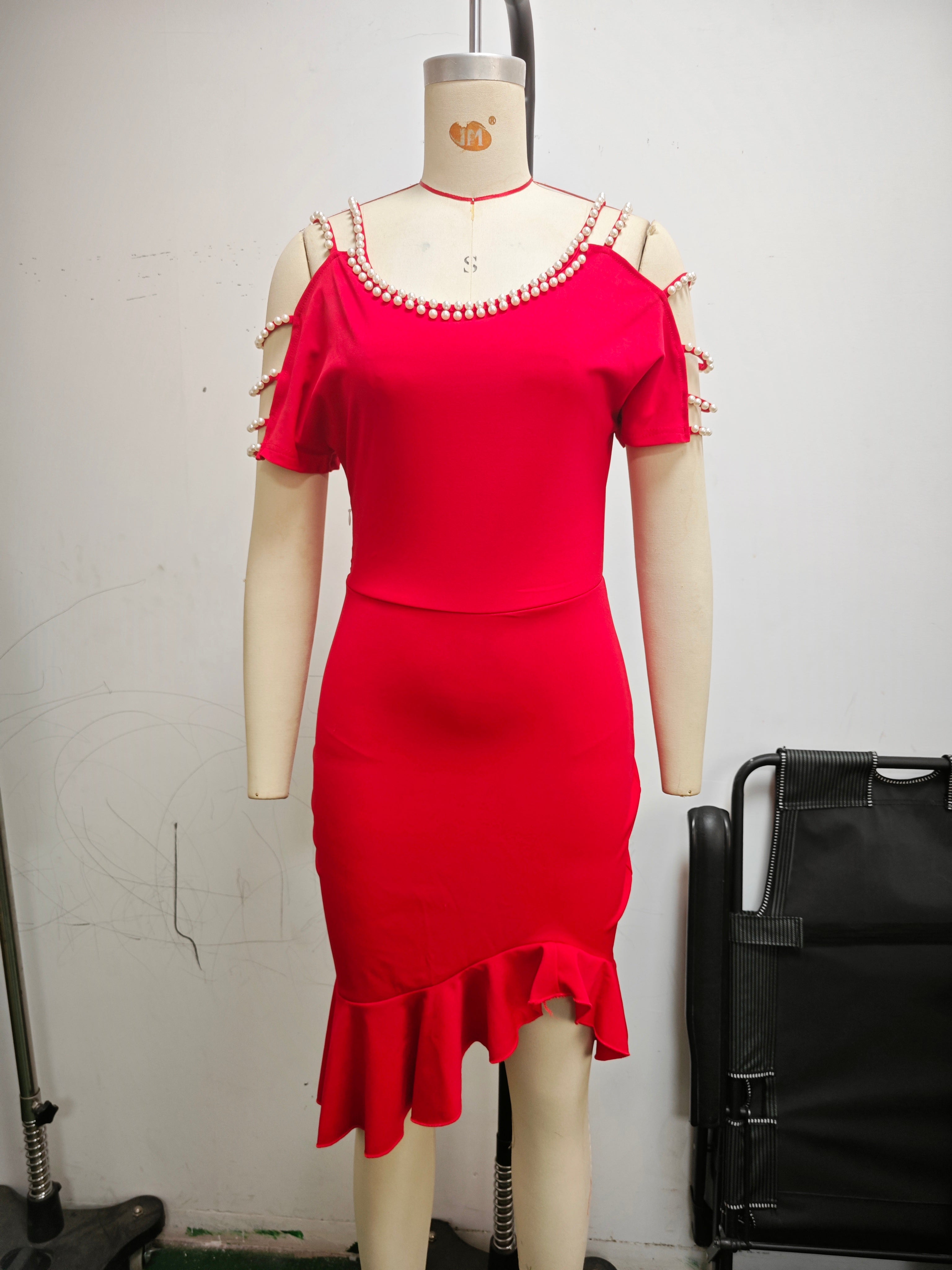 Summer Tight Fitting Ruffle Slit Pearl Decoration Women Dress 12