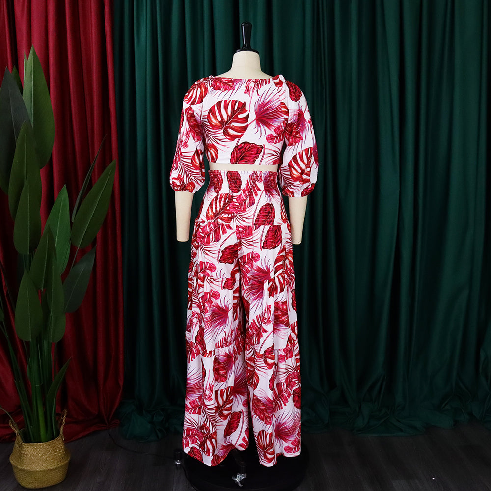 Women Printed V-neck Lace-Up Top + Wide Leg Pants Two-Piece Set 13