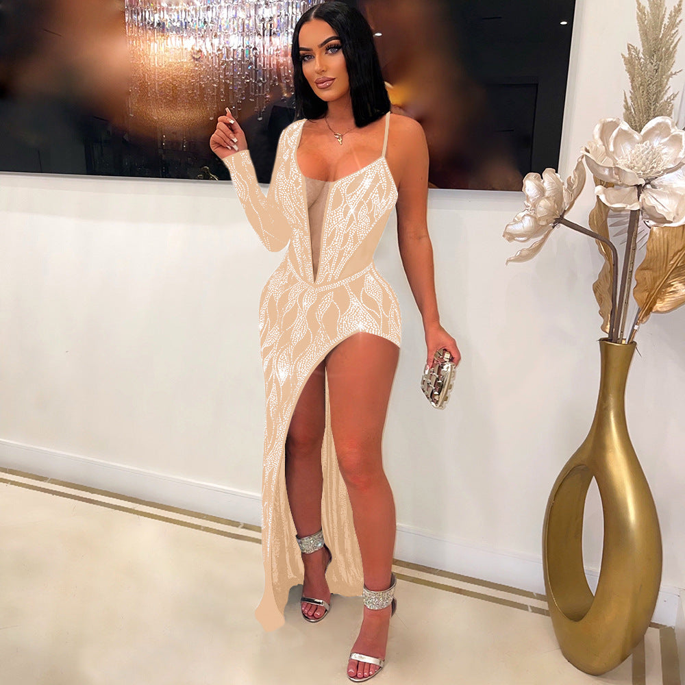 Women Sexy See-Through Beaded Long Sleeve Dress 3