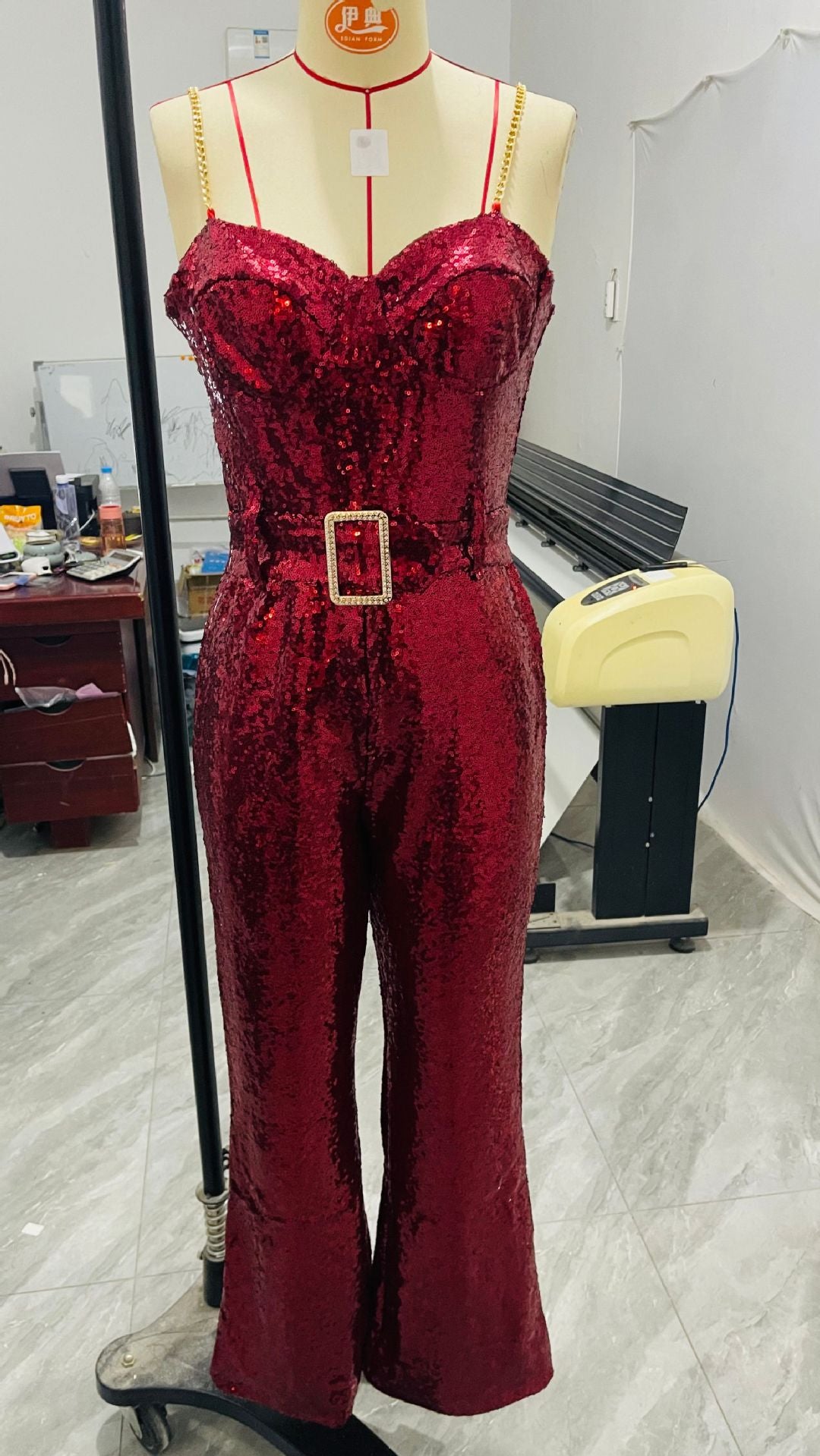 Fashionable women's sexy chain strap Low Back belt sequin Jumpsuit 9