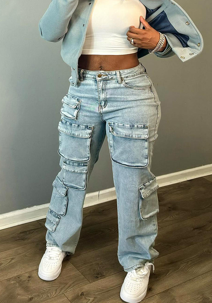 Women's Fashion Stretch Denim Fabric Multi-Pocket Cargo Style Denim Pants 3