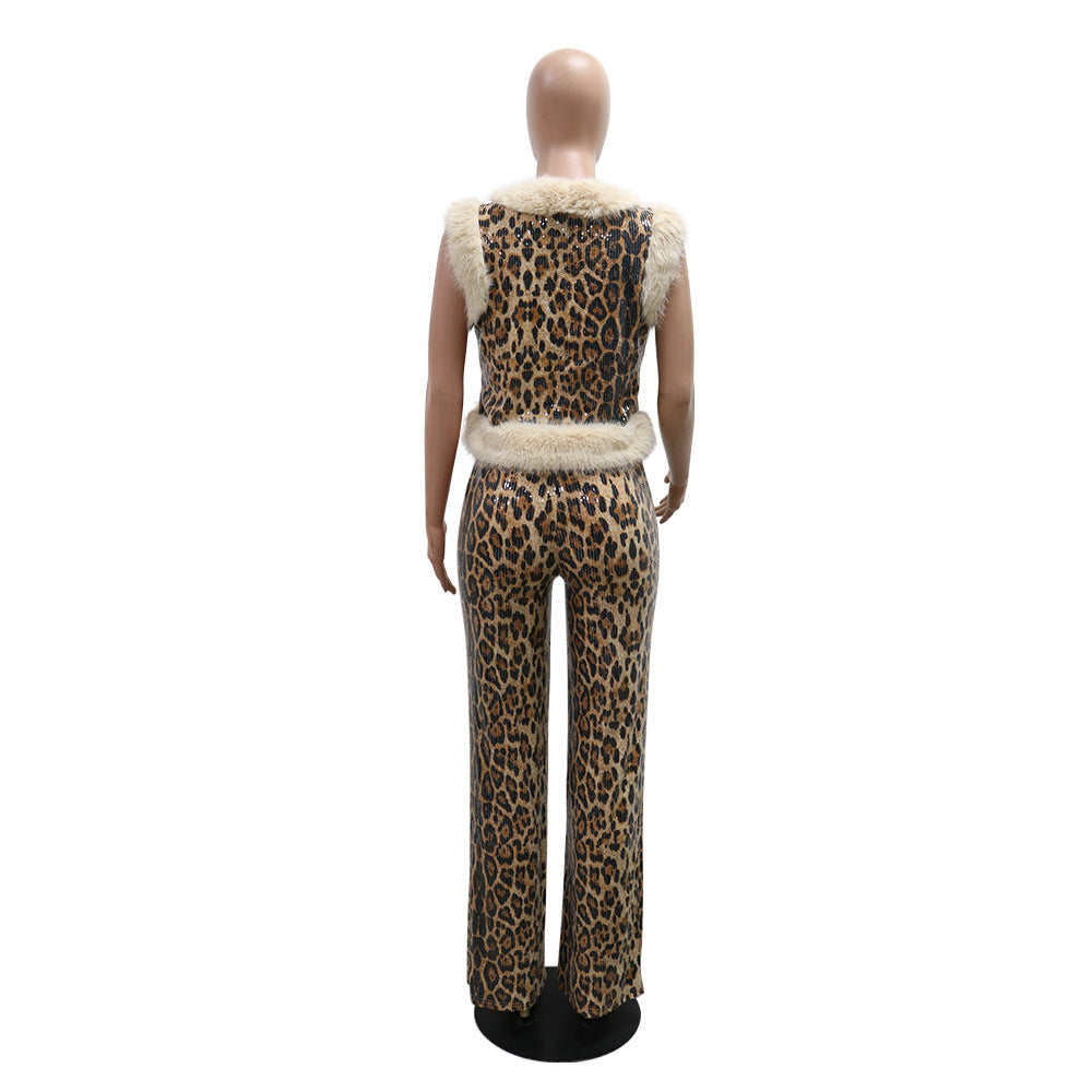 Women's Casual fashion leopard print sequins fur sleeveless top slim trousers two-piece set 8