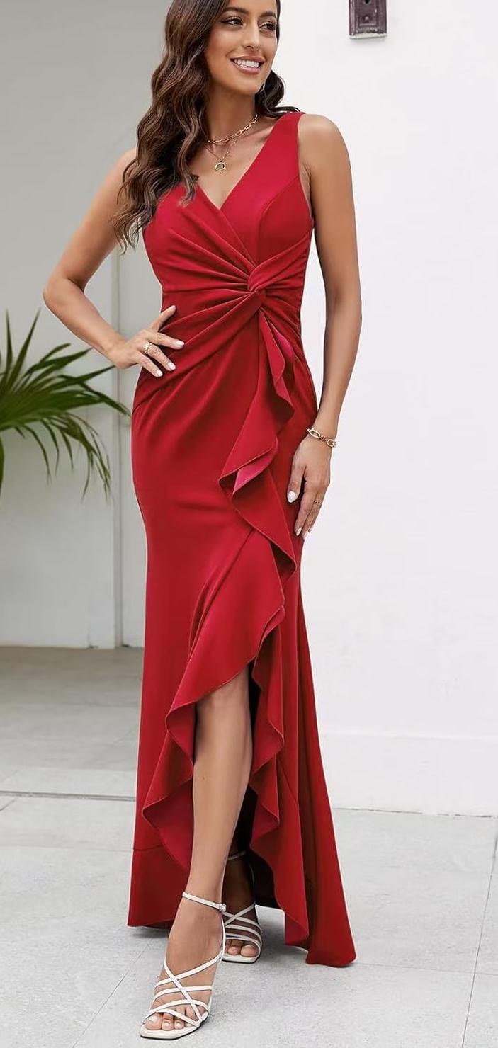 Women V-Neck Sleeveless Elegant Ruffle Slit Maxi Evening Dress