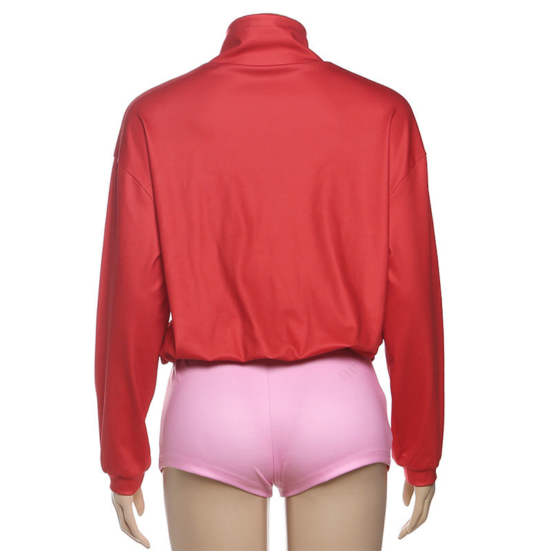 Women Summer Turtleneck Long-Sleeve Top and Shorts Casual Two-Piece Set 6