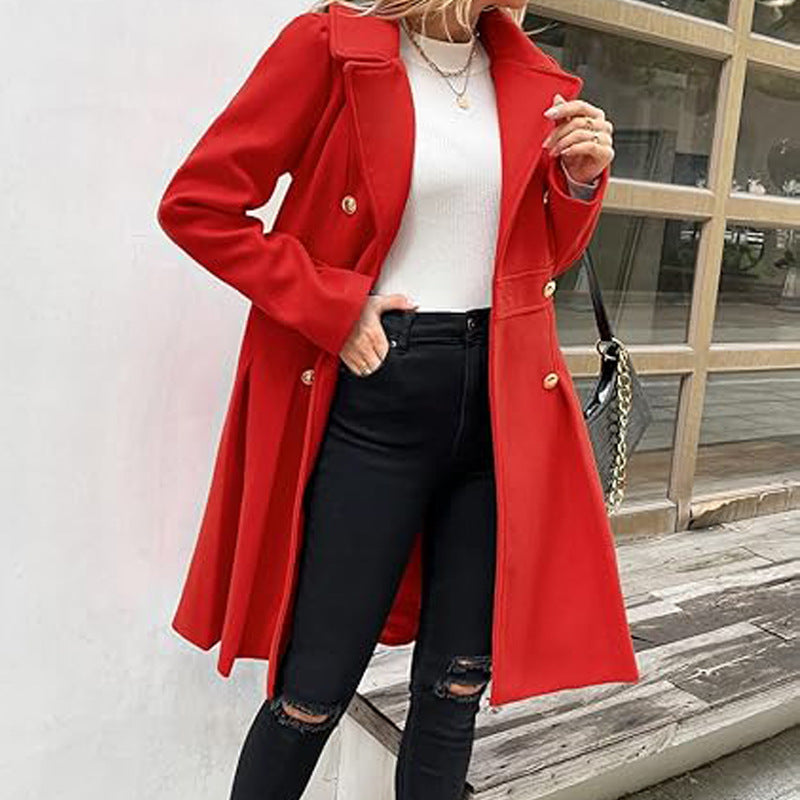 Women Fall and Winter Turndown Collar Double-Breasted Pocket Windbreaker 55