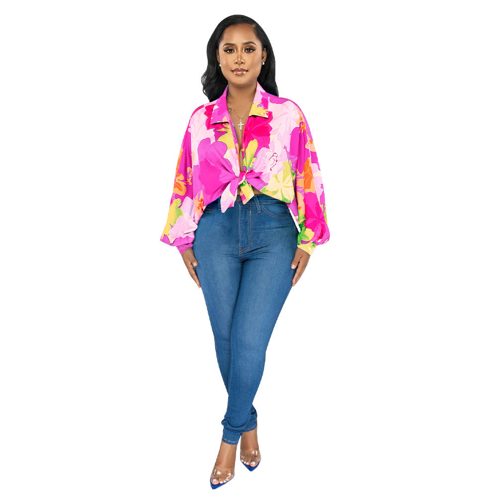 Women's Bat Sleeves Top Turndown Collar Print Shirt 6