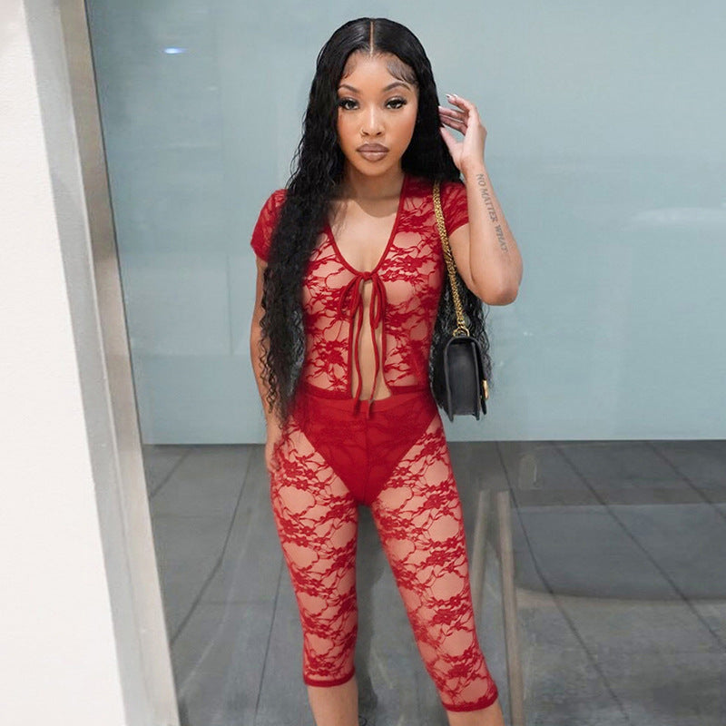 Women Sexy Lace Hollow Lace Short Sleeve Top Shorts Two-piece Set 4