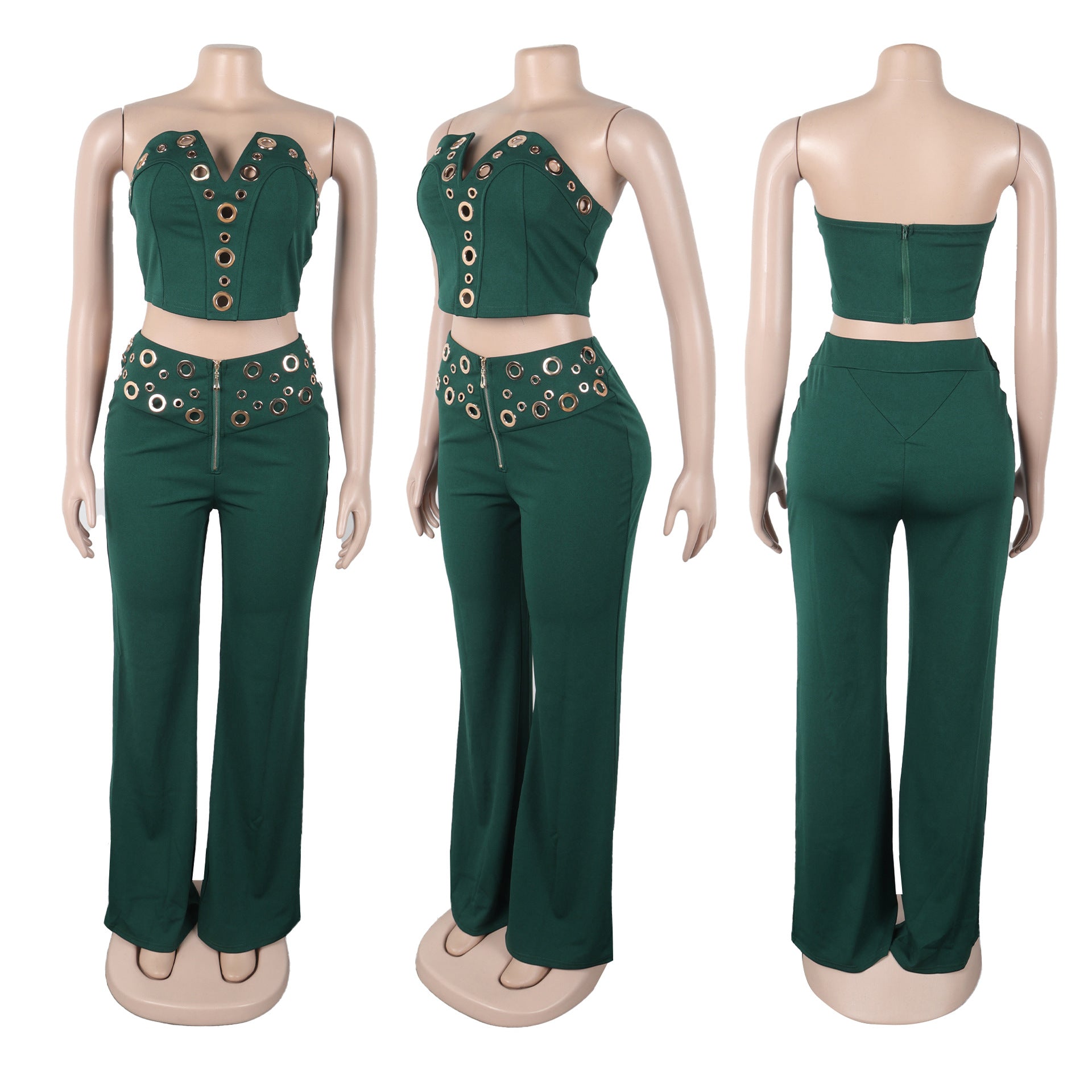 Women elegant elastic metal buckle decorated V-neck Top and Pants two-piece set 12