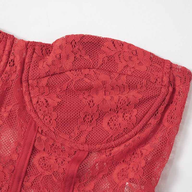 Women's Spring Solid Casual Lace Crop Strapless Top Slim Bell Bottom Pants Two Piece Set 14