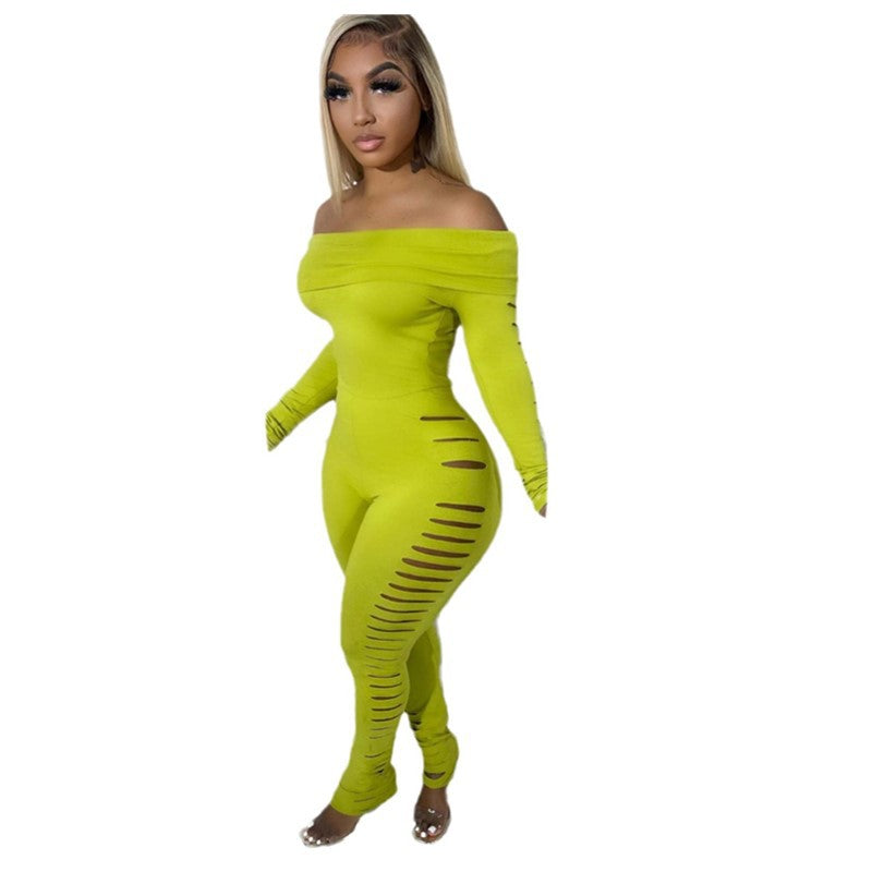 Women Off Shoulder long sleeve sexy Ripped Jumpsuit 9