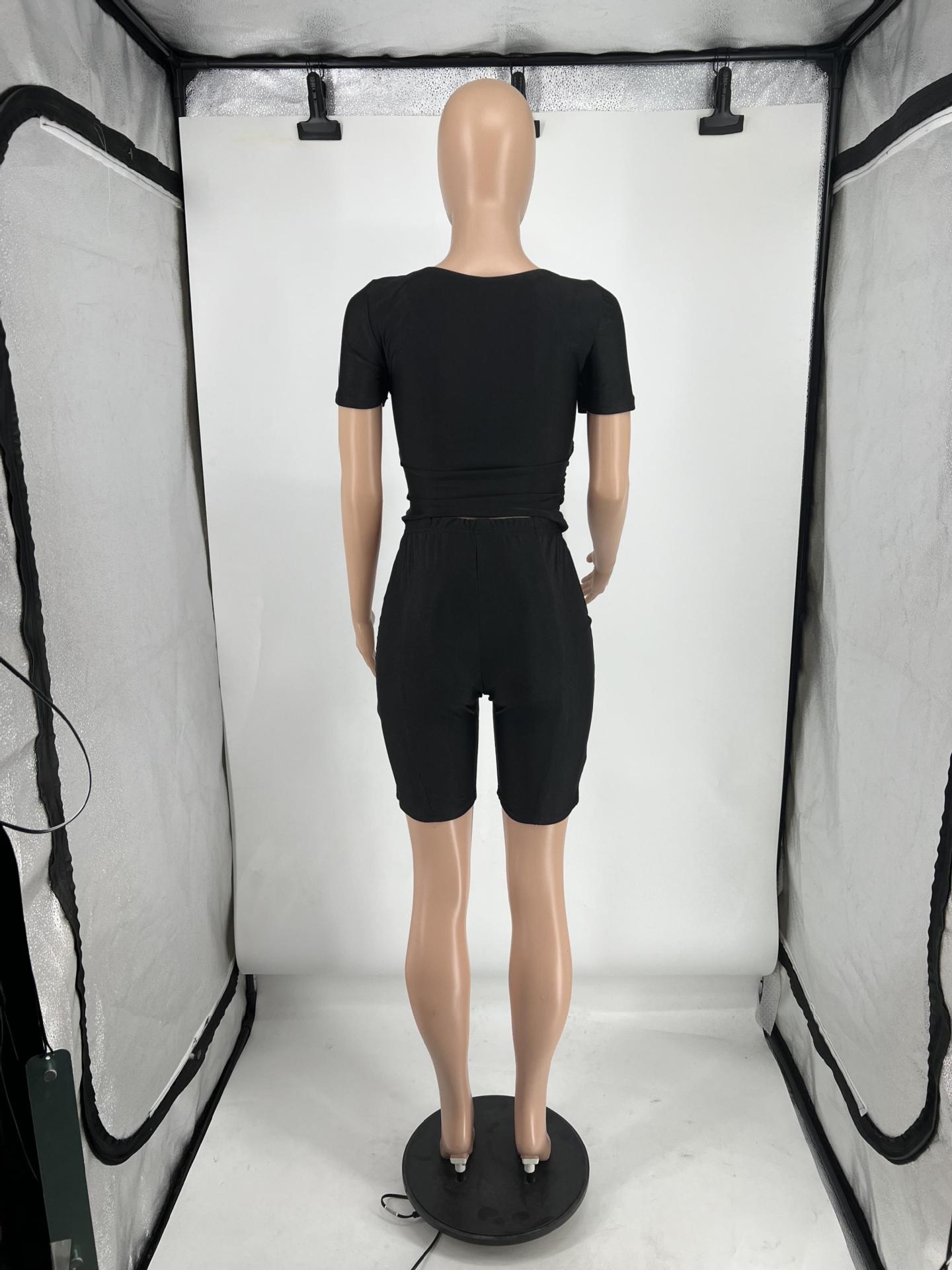 Women's Summer Cross V Neck Short Sleeve Top Elastic Shorts Casual Two Piece Set 26