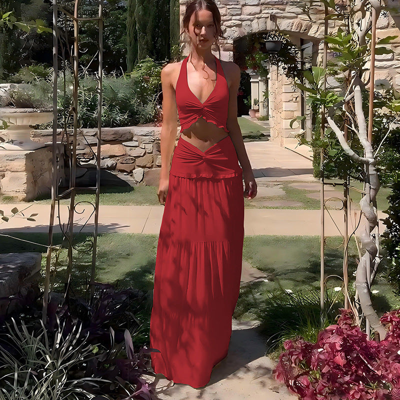 Women's Sexy Halter Neck Lace-up Top High Waist Pleated Skirt Two-piece Set 3