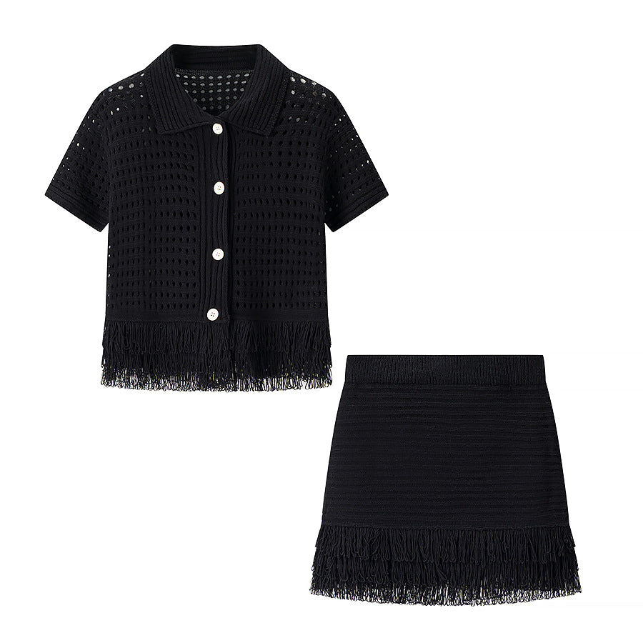 Women's Fringe Short-Sleeve Knit Jacket + High-Waisted Mini Skirt Set 3