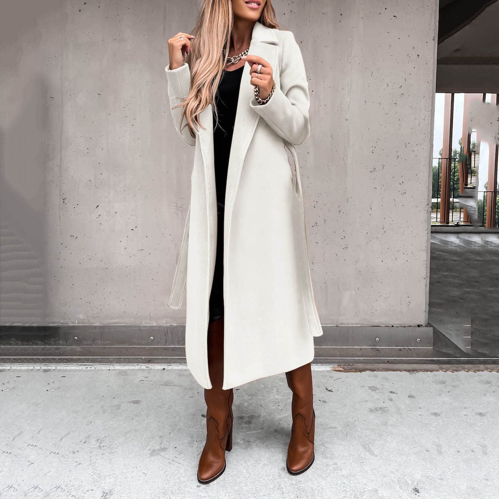 Women Solid Turndown Collar Long Sleeve Lace-Up Coat 7