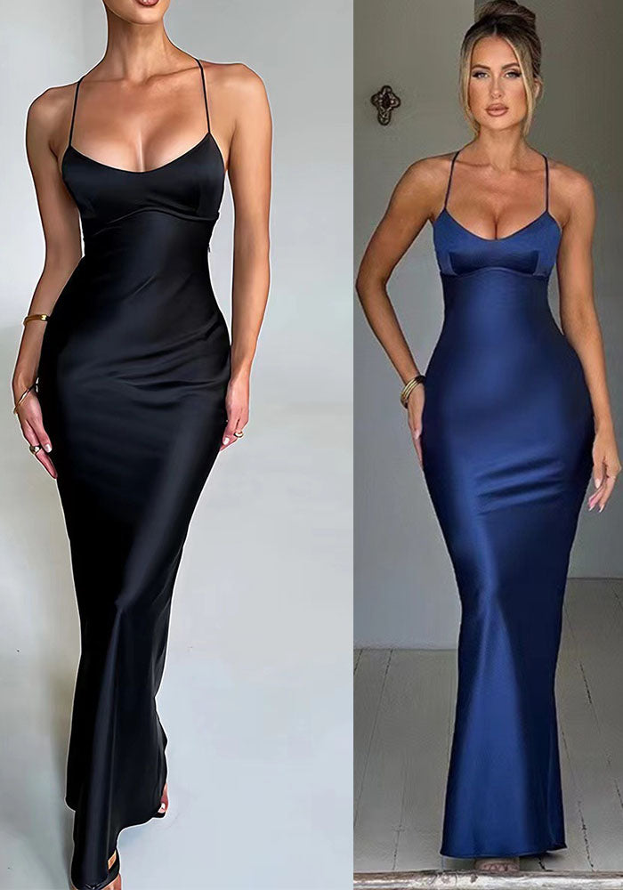 Women Sexy Suspender Satin Backless Lace-Up Dress