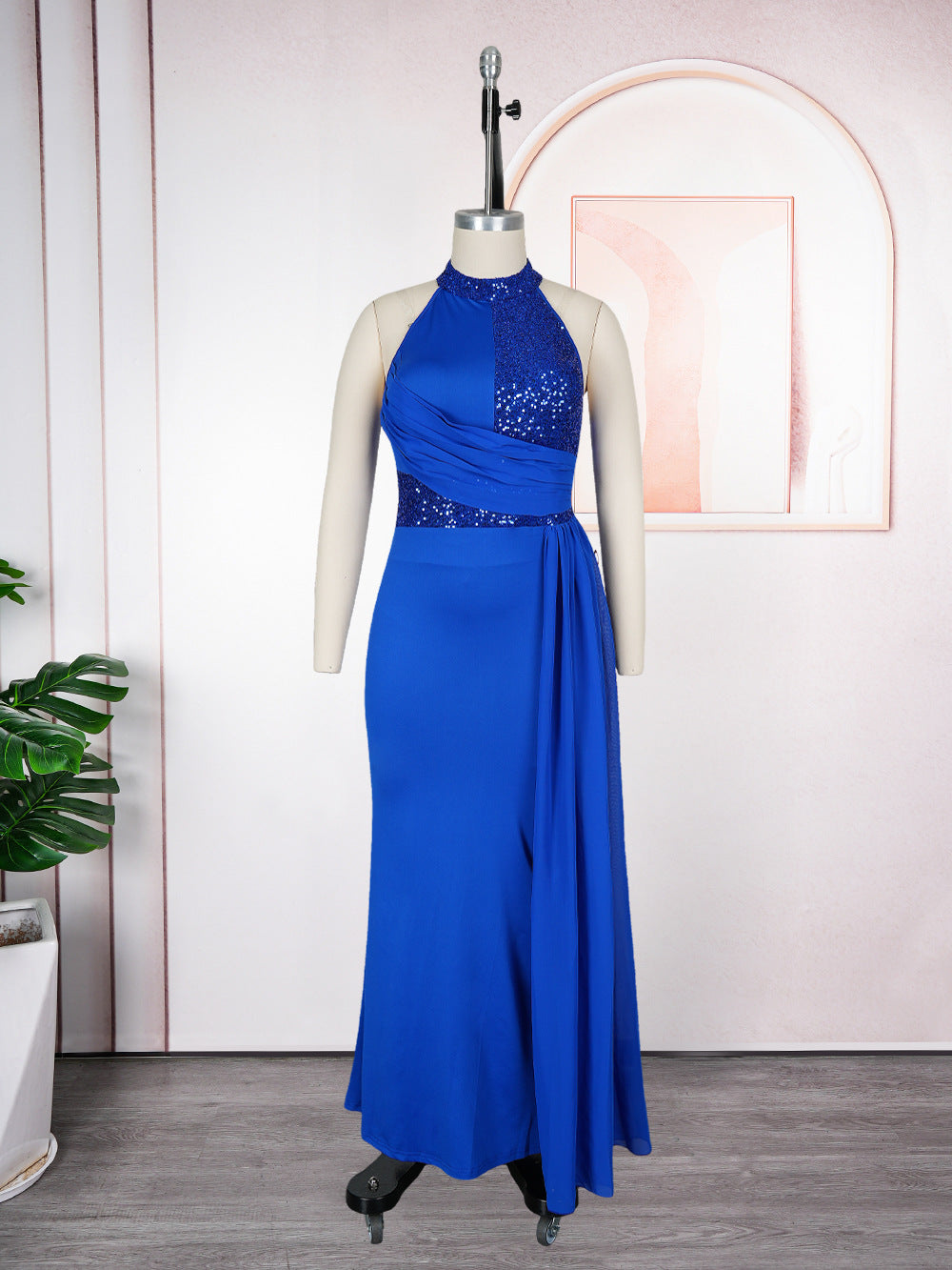 Plus Size Women's Long Dress African Fashion Elegant Sexy Halter Neck Slim Waist Evening Gown 12