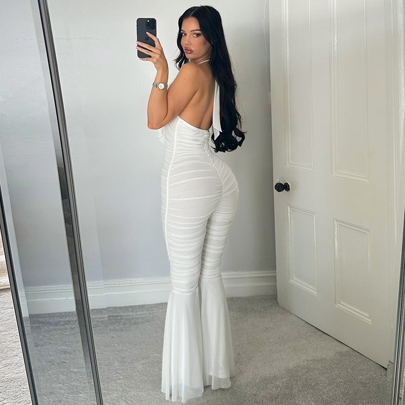 Women's Spring and Summer Deep V-Neck Halter-Neck Lace-Up Low-Back Gathered Bell-Bottom Jumpsuit 4