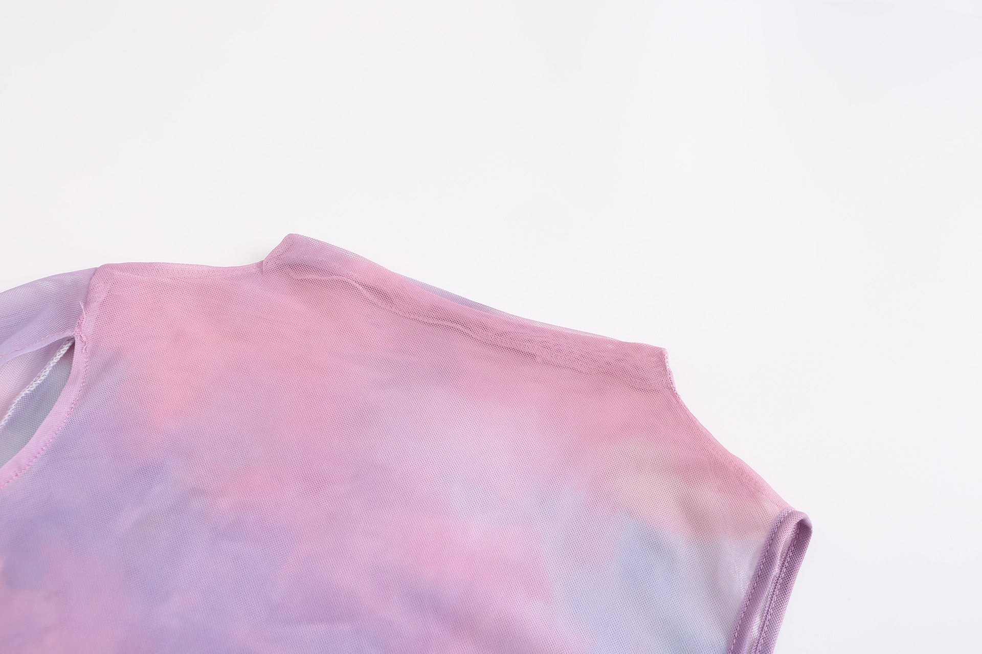 Women Spring Printed Mesh See-Through Hollow Round Neck Single Sleeve Dress 19