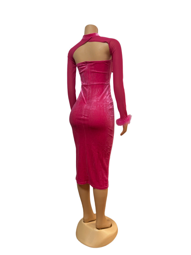 Low-Cut Sexy strapless Low-Back Bodycon Dress Feather Patchwork Long-Sleeve Top Two Piece Set 6