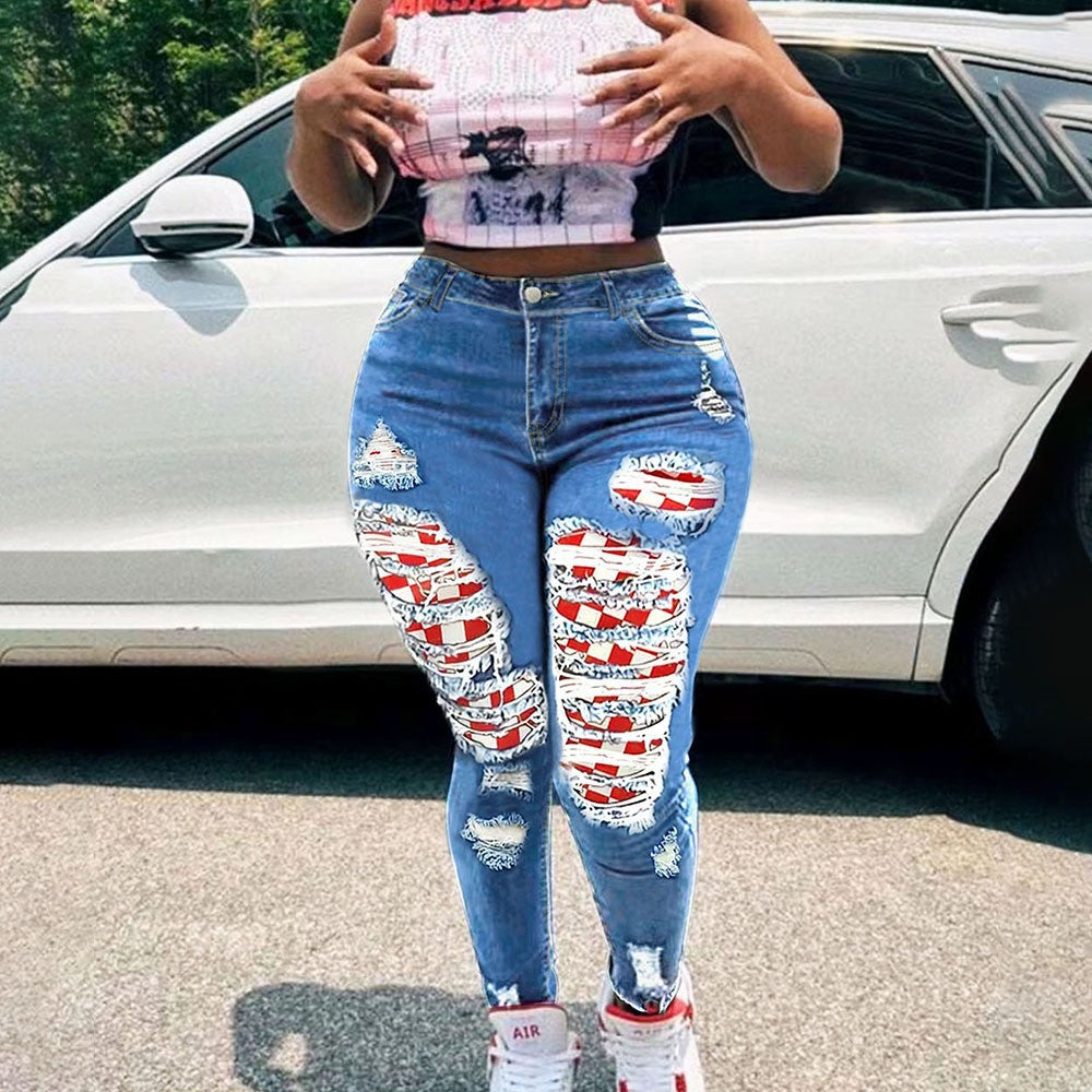Sexy Red Plaid Patch Ripped Tight-Fitting Casual Stretch Denim Pants 4