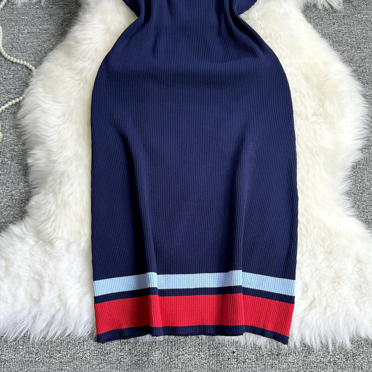 Women Summer Casual Polo Neck Colorblock Short Sleeve Knitting Dress 5