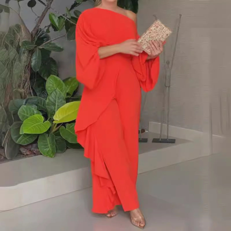 Women Chic Solid Bohemian Loose Slash Shoulder Top and Pant Two-piece Set 3